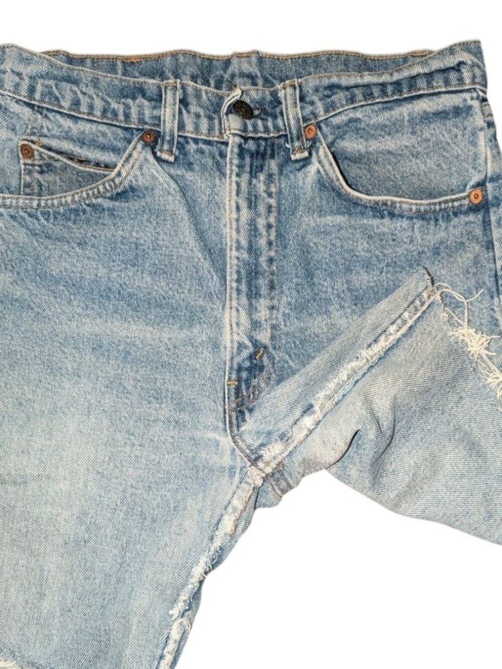 Levi Strauss & Co Vintage Cutoff Medium Wash Long Denim Jean Shorts Frayed Edge - Picture 3 of 9